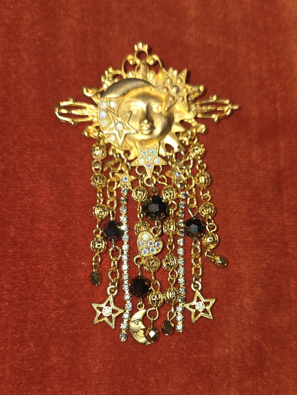 Vintage Kirks Folly Gold-Tone Sun & Moon Dangle Pin Brooch with Beads